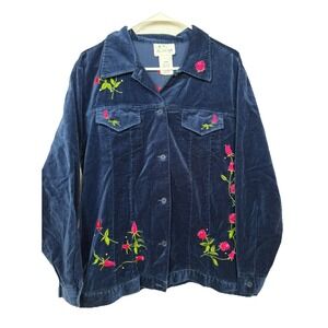 The Quacker Factory Blue Velvet Rose Embroidered Cottagecore Jacket Womens L